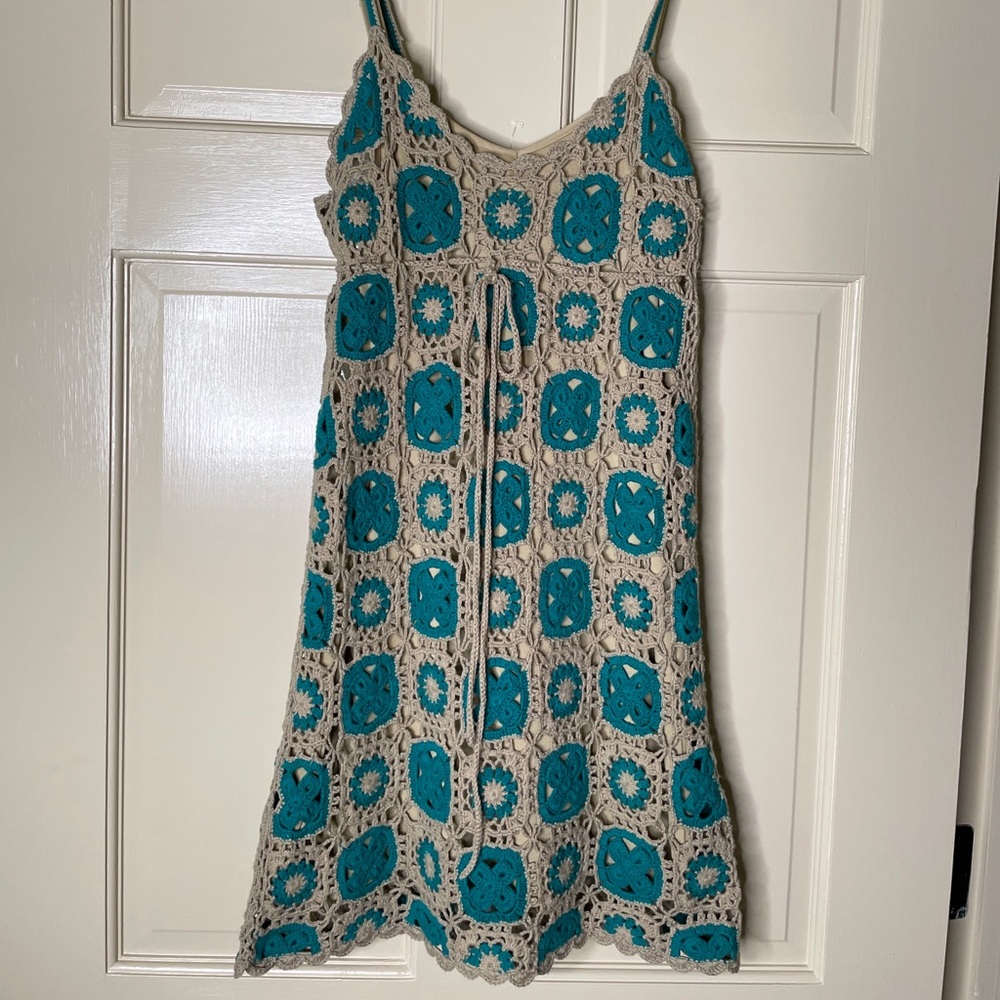 Flying Tomato Teal & Tan Crochet Dress Boho 70’s